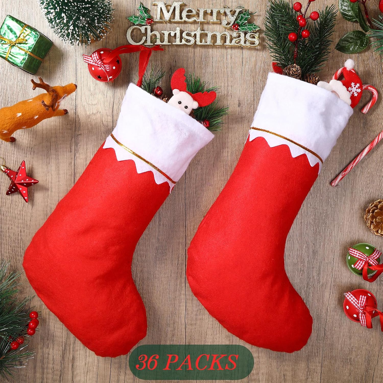Zubebe 36 Pcs 15 Inch Felt Christmas Stockings Stockings Xmas Decoration Stockings Rustic Christmas Santa Stockings for Christmas Party Favors Home Decor (Red)