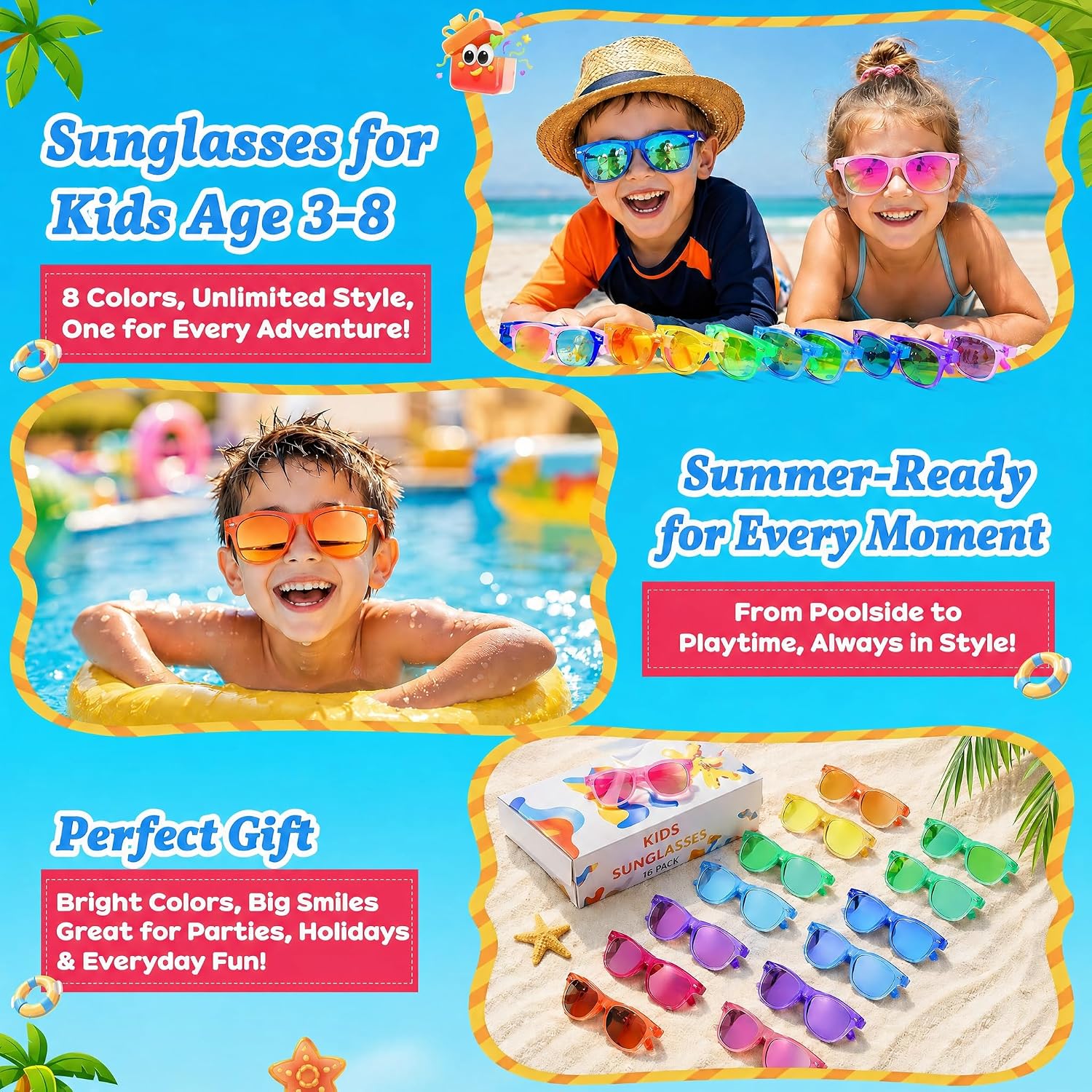 Froman Kids Sunglasses Bulk - Party Favors for Boys Girls Ages 3-8, Neon Colors with UV 400 Protection