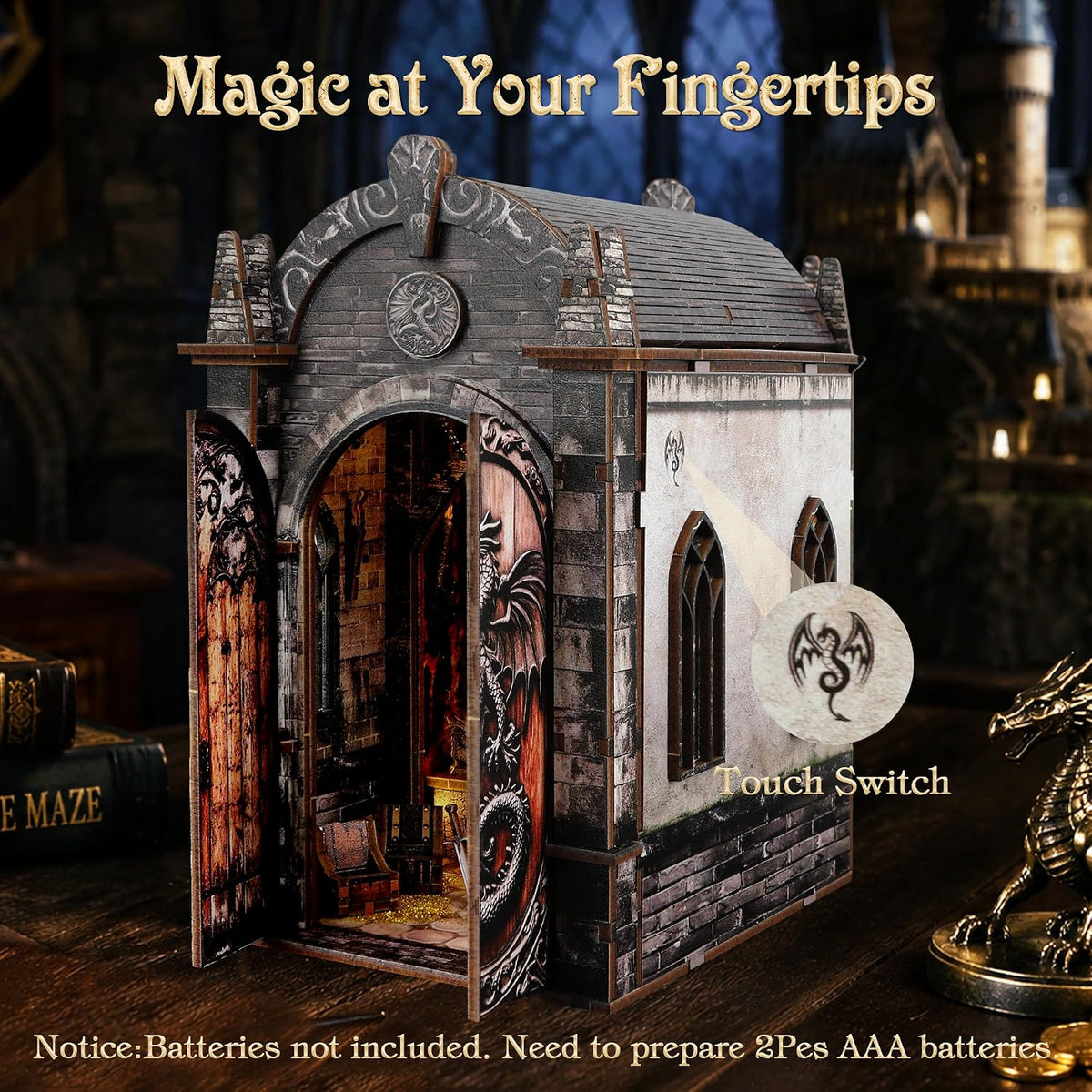 book nook kit for adult, dragon adventure led showing dimensions