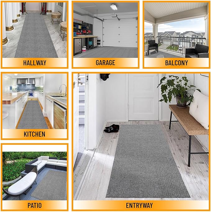 Ottomanson 2' x 22' Hallway Runner with Scraper Pile Extra Durable Non-Slip Rug Mat for Indoor & Outdoor Use - Ideal for Kitchen, Entryway, Patio & Garage - High-Traffic Carpet, Gray