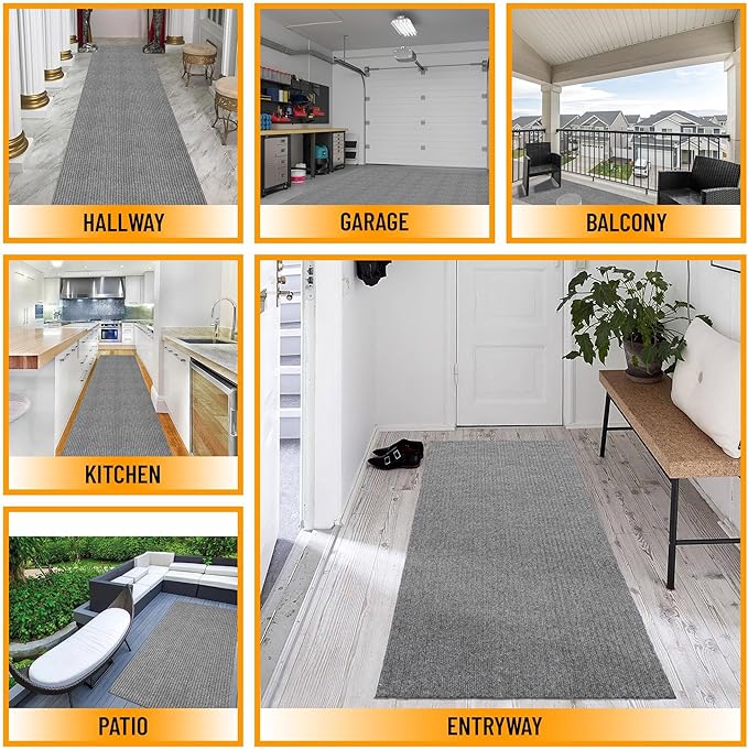 Ottomanson 2'7" x 7' Hallway Runner with Scraper Pile Extra Durable Non-Slip Rug Mat for Indoor & Outdoor Use - Ideal for Kitchen, Entryway, Patio & Garage - High-Traffic Carpet, Gray