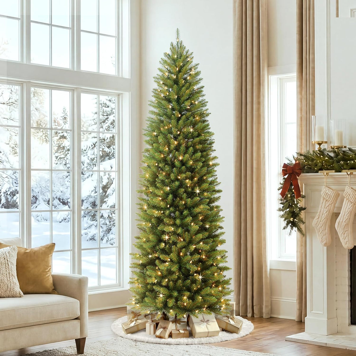 puleo international 7.5ft pre-lit fraser fir pencil christmas on a desk or shelf