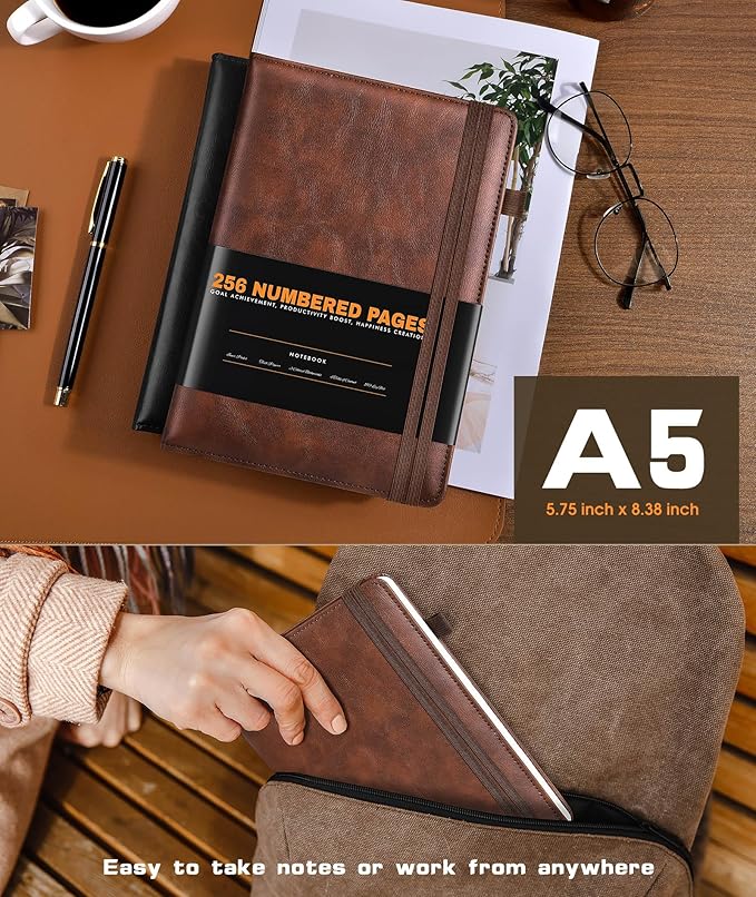 Lined Journal Notebook for Women Men, 256 Numbered Pages Hardcover Leather Journals for Writing, A5 Journaling Notebooks, College Ruled Journal for Business Work School Note Taking 5.75" x 8.38" Brown