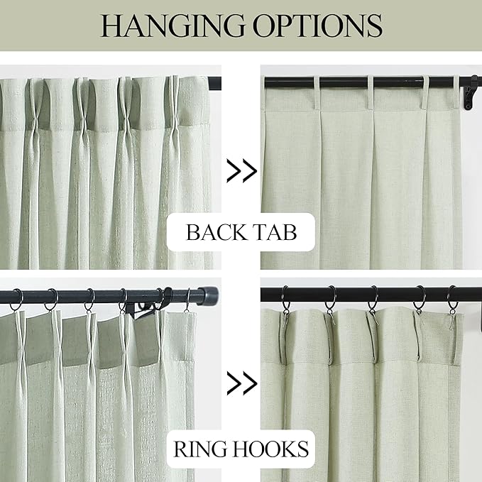 Vision Home Light Green Pinch Pleated Semi Sheer Curtains Textured Linen Blended Light Filtering Window Curtains 112 inch for Living Room Bedroom Patio Pinch Pleat Drapes with Hooks 1 Panel 60"Wx112"L