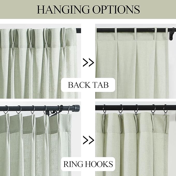 Vision Home Soft Green Pinch Pleated Semi Sheer Curtains Textured Linen Blended Light Filtering Window Curtains 102 inch for Living Room Bedroom Patio Pinch Pleat Drapes with Hooks 1 Panel 60"Wx102"L