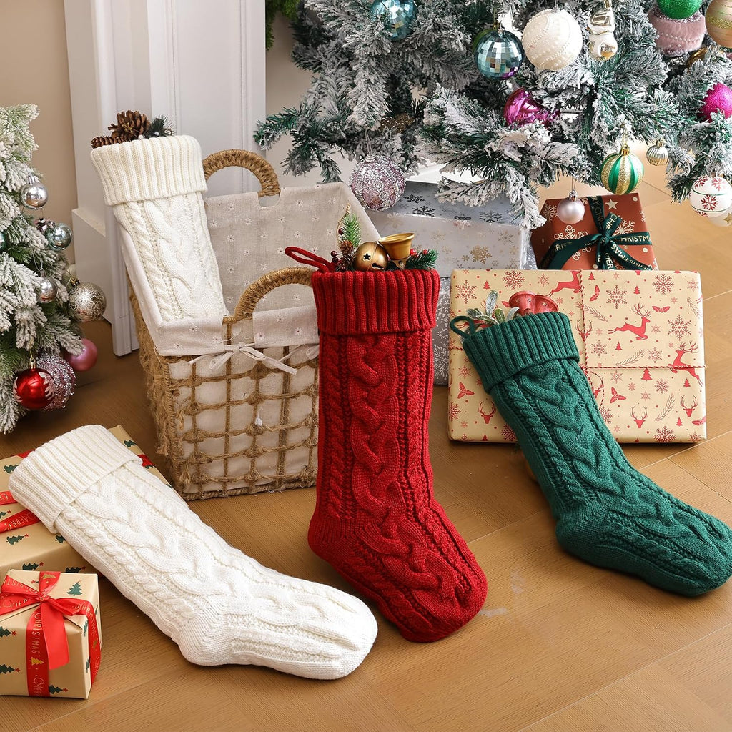 CARAKNOTS Personalized Christmas Stockings 4 Pack Knit Christmas Stockings with Names Tag Patches Vintage Rustic Farmhouse Boho 18" Large Red Green White Knitted Xmas Stocking for Family Kids