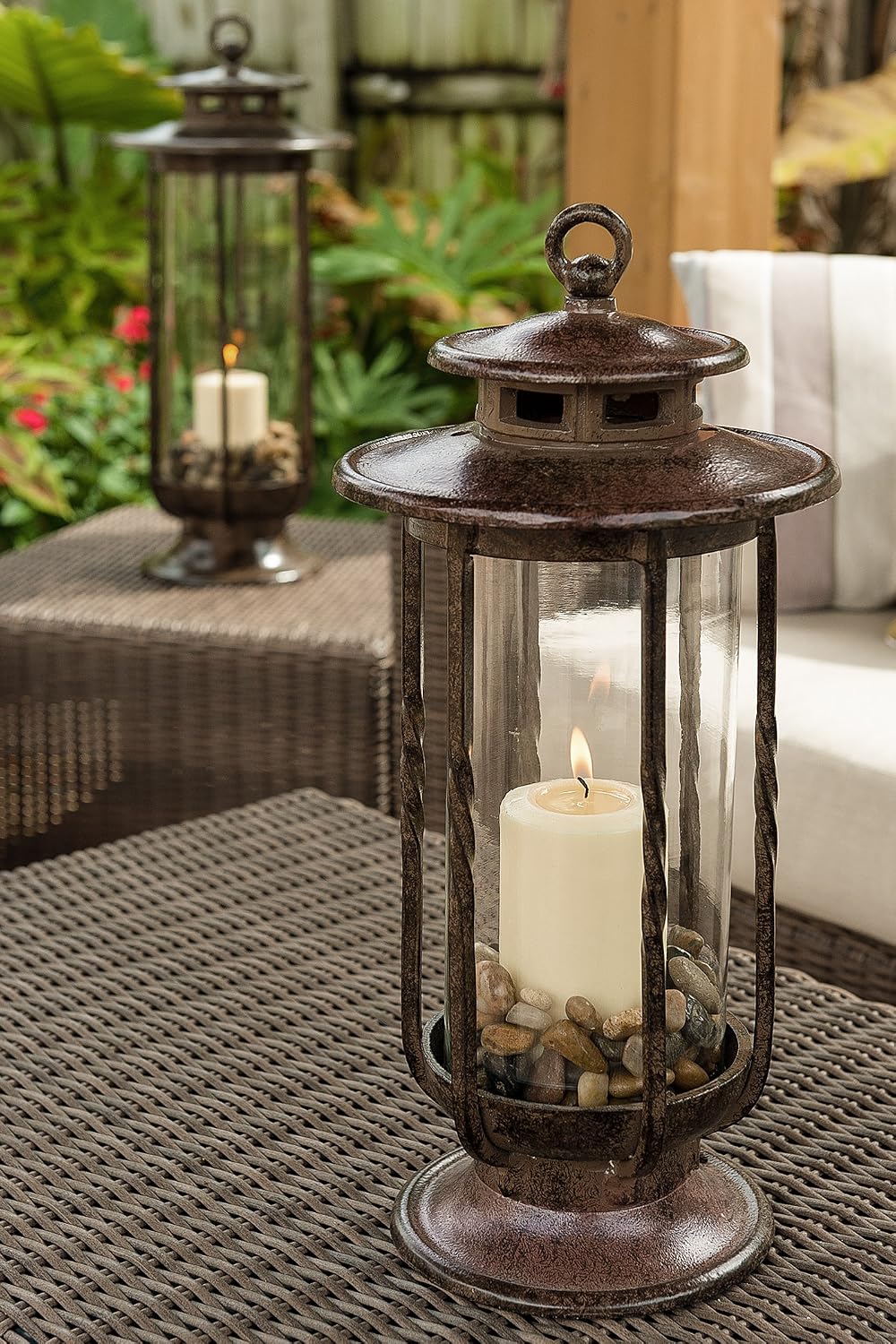 H Potter Cast Iron Lantern, 19" Tall, Glass Hurricane, Rustic Brown Finish | Indoor Outdoor Decroative Candle Lantern, Patio, Porch, Garden & Indoor Decor