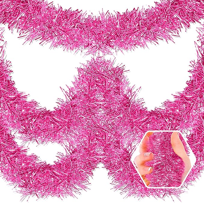 50 Feet Christmas Foil Fringe Banner Metallic Tassle Garland Metallic Backdrop Parade Floats Shiny Hanging Ceiling, Valentine's, Wedding, New Year Party Decorations(2" x 50', Pink)