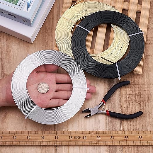 Fashewelry 98Ft 3 Colors Aluminum Flat Wire 5mm Wide Bendable Metal Craft Wire Strip 18 Gauge with Side Cutting Plier for Bezel Sculpting Armature Jewelry Making Gem Metal Wrap