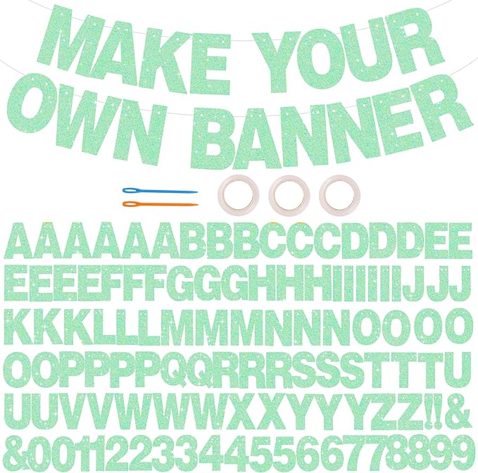 BEISHIDA 116 PCS Glitter Light Green DIY Letter Banner Kit Make Your Own Banner，Including 111 Letters and Numbers 3 Rope and 7 Threading Device,Customized for Birthday Graduation Wedding Party Decor