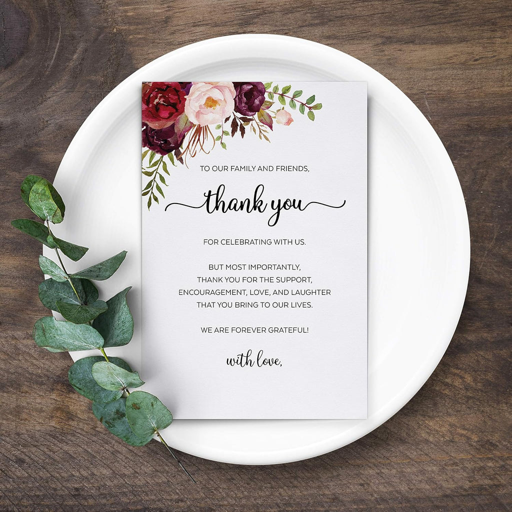 321Done Thank You Place Setting Card with Love, Thank You for Celebrating with Us, 4x6 Table Placecards for Wedding, Watercolor Florals on White, Made in USA, 50-Pack