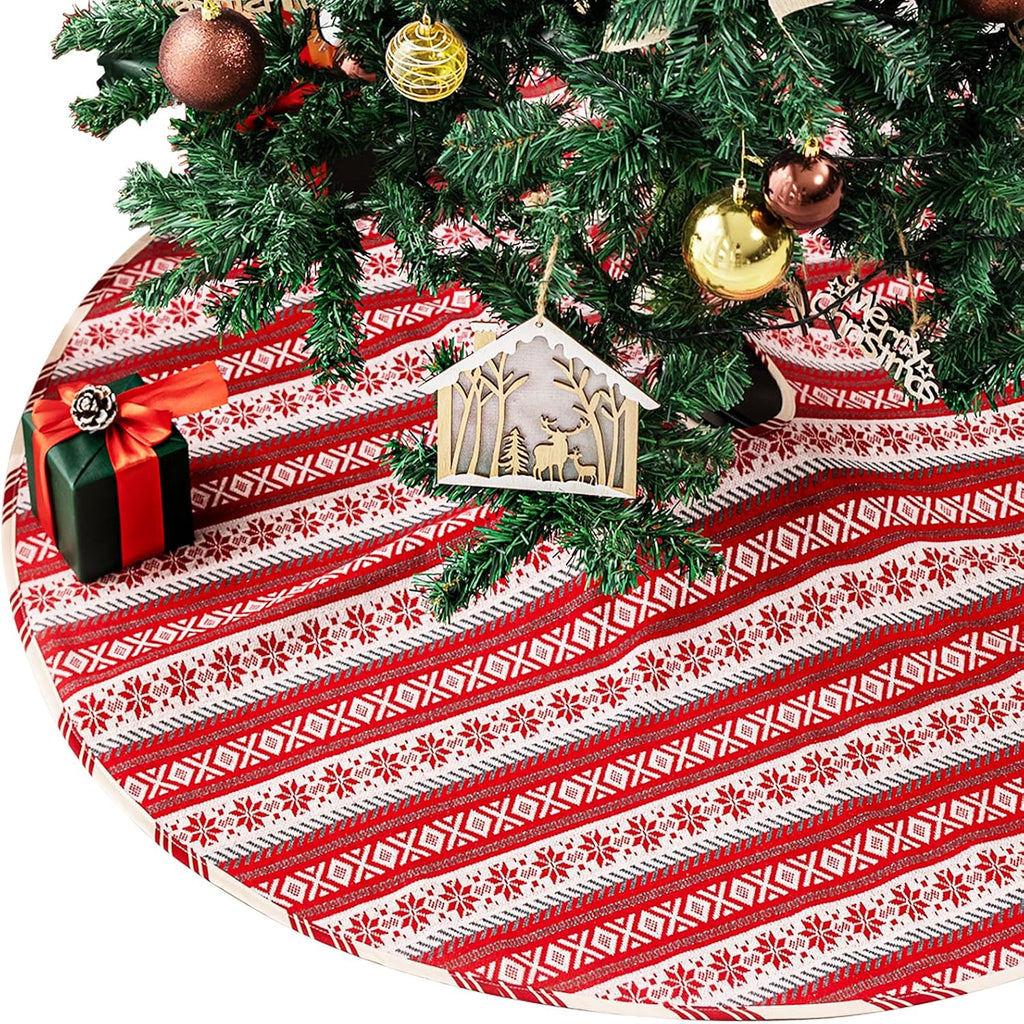 Christmas Tree Skirts 36 inches Knitted Snowflake Tree Skirt for Christmas Tree, Red Xmas Tree Skirt for Christmas Holiday House Decor Nordic Elegance