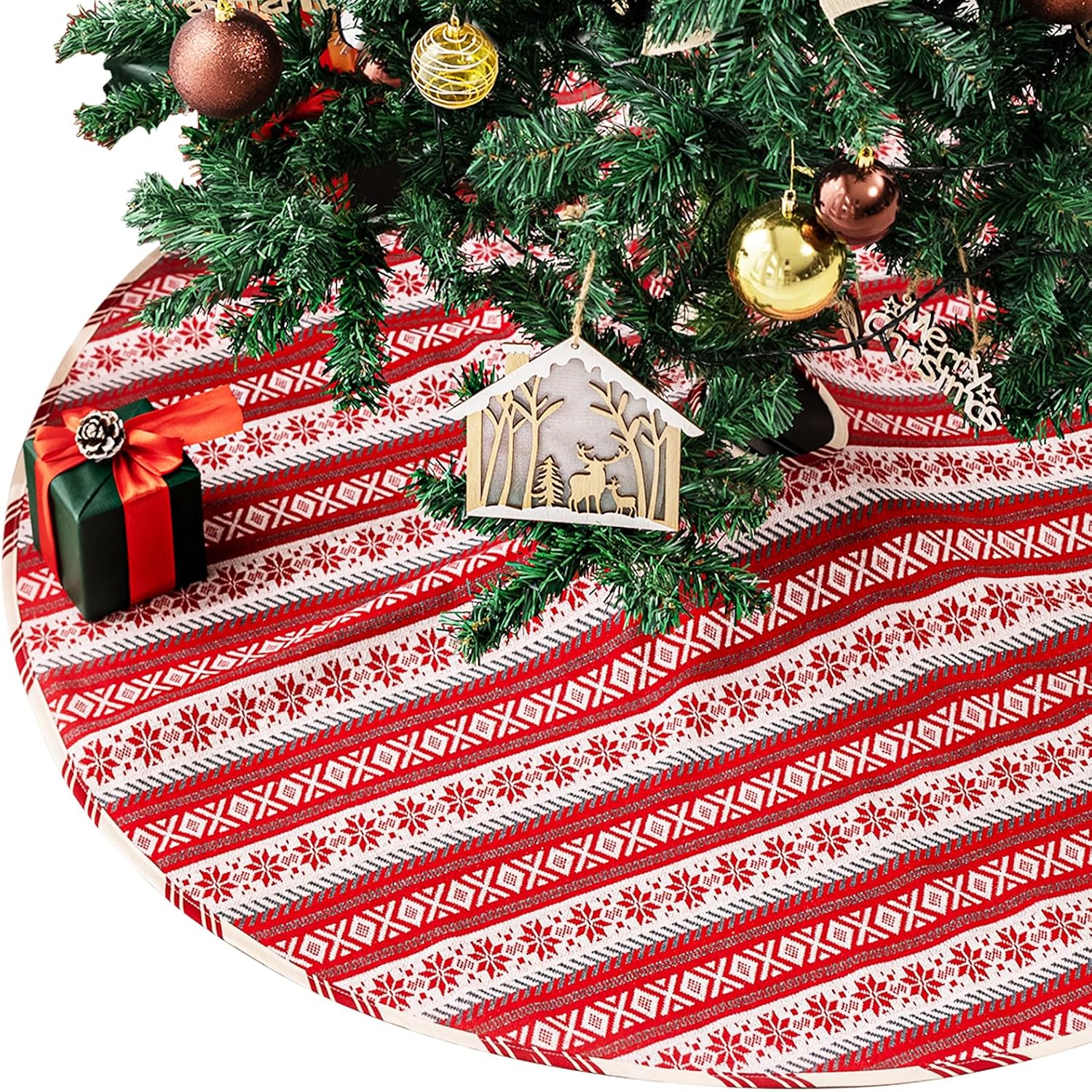 Christmas Tree Skirts 36 inches Knitted Snowflake Tree Skirt for Christmas Tree, Red Xmas Tree Skirt for Christmas Holiday House Decor Nordic Elegance