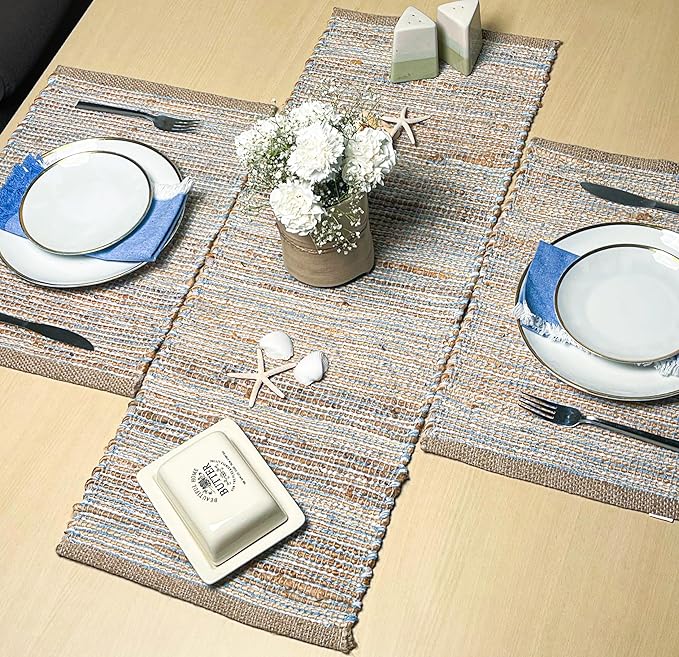 Chardin home Natural Jute Table Runner 13x36 Inch – Vintage Boho Rustic Table Decor – Handwoven Table Runner in Natural Jute and Sky Blue-White – Farmhouse Dining or Console Table Accent