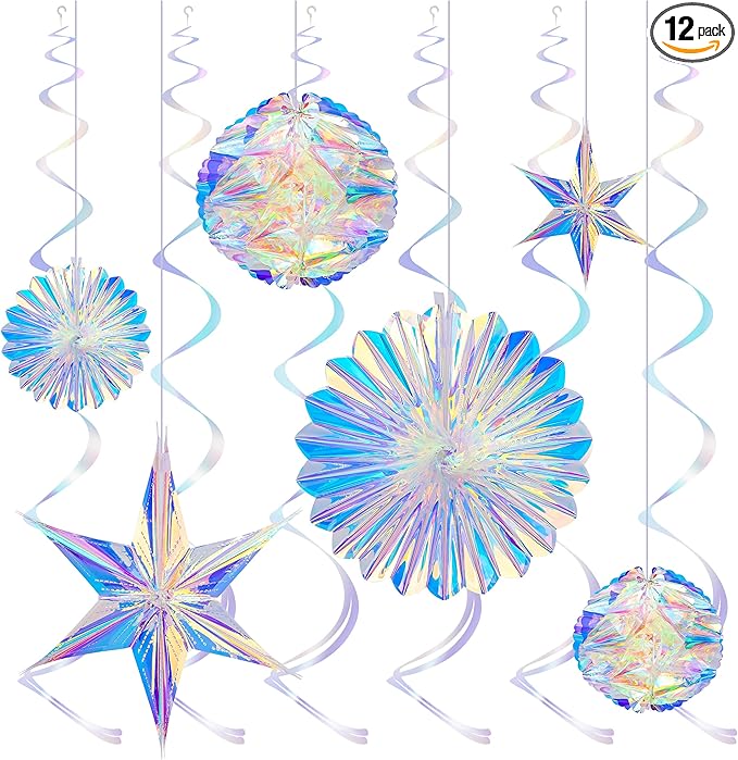 BTSD-home Iridescent Party Decorations with Hanging Honeycomb Ball Decorative Paper Fan Snowflake Garlands Ribbons Disco Party Wedding Birthday Graduation Christmas Celebration Decor Supplies