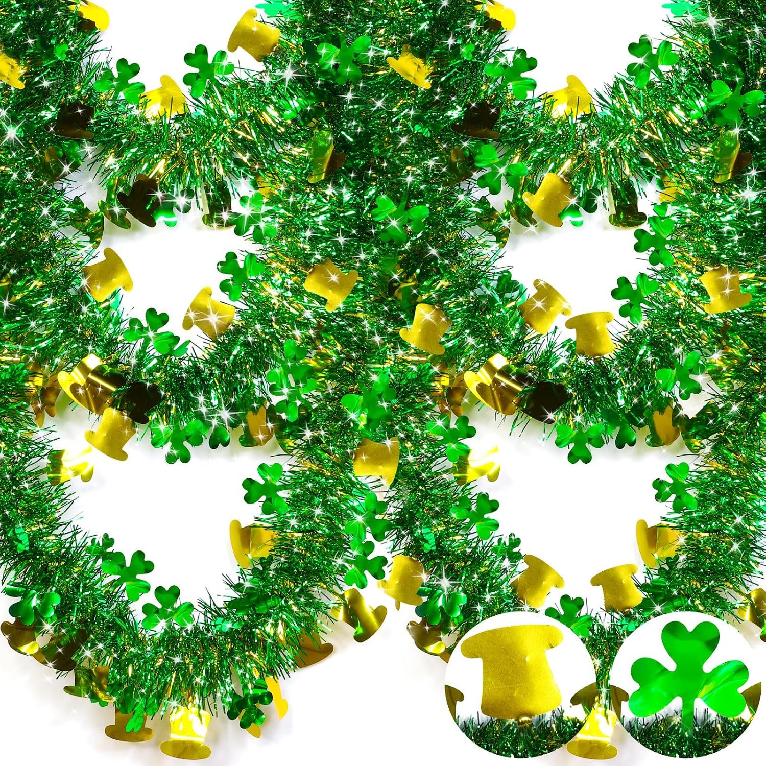 33 Ft Tinsel Garland St.Patrick's Day Decoration,Green Gold Leprechaun Hat Shamrocks Clover Metallic Streamers St.Patrick's Day Decorations for Home Outdoor Indoor Irish Party Supplies Decorations