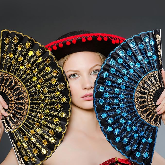 Geetery 30 Pcs Folding Hand Fan for Line Dancing Spanish Boots on The Ground Fans Gifts Bulk Colorful Silk Popping Rave for Women Tea Party Wedding Church Halloween Costume(Embroidery,Vintage Colors)