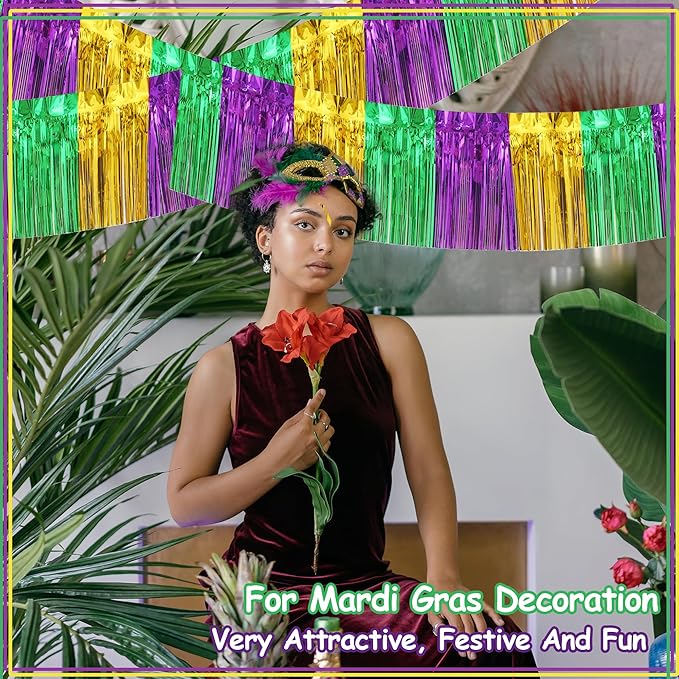 4 Pack 10 Feet Green Gold Purple Foil Fringe Garland Metallic Tinsel Streamers Banner Fringe Backdrop Banner for Parade Floats Mardi Gras Birthday Party Homecoming Decoration (Green Gold Purple)…