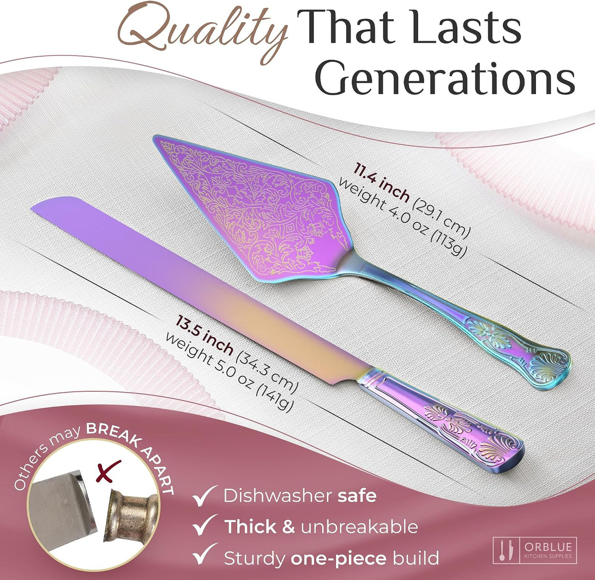 Orblue Wedding Cake Knife and Server Set - Premium, Beautifully Engraved Cutt...
