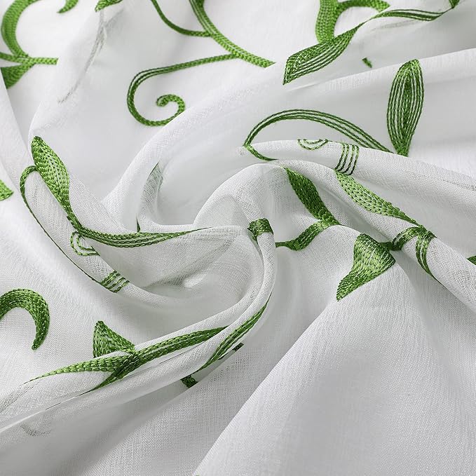 VISIONTEX Embroidered Green Sheer Voile Curtains, Leaves Embroidery Faux Linen Rod Pocket Window Drapes for Living Room and Girls Bedroom 54 x 95 Inch, Set of 2 Curtain Panels