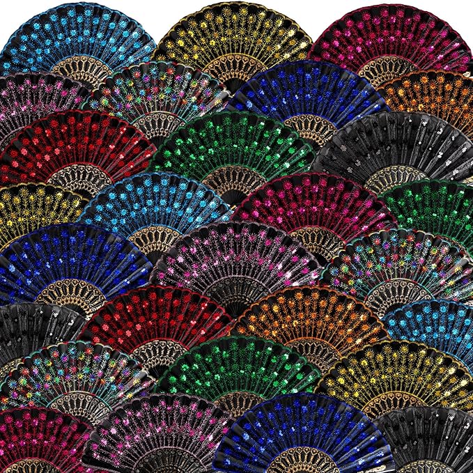 Geetery 30 Pcs Folding Hand Fan for Line Dancing Spanish Boots on The Ground Fans Gifts Bulk Colorful Silk Popping Rave for Women Tea Party Wedding Church Halloween Costume(Embroidery,Vintage Colors)