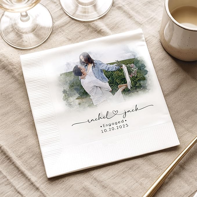 Luxury Personalized Wedding Napkins, Custom Photo Napkins with Text, Custom Engagement Cocktail Napkin, Beverage Luncheon Cocktail Paper, Napkin for Engagement Party, Bridal Shower