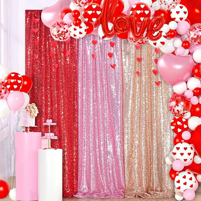 QueenDream Red Sequin Backdrop 2 Panels 2FTx8FT Christmas Party Backdrop Curtains Glitter Photo Background Wedding Stage Decorations