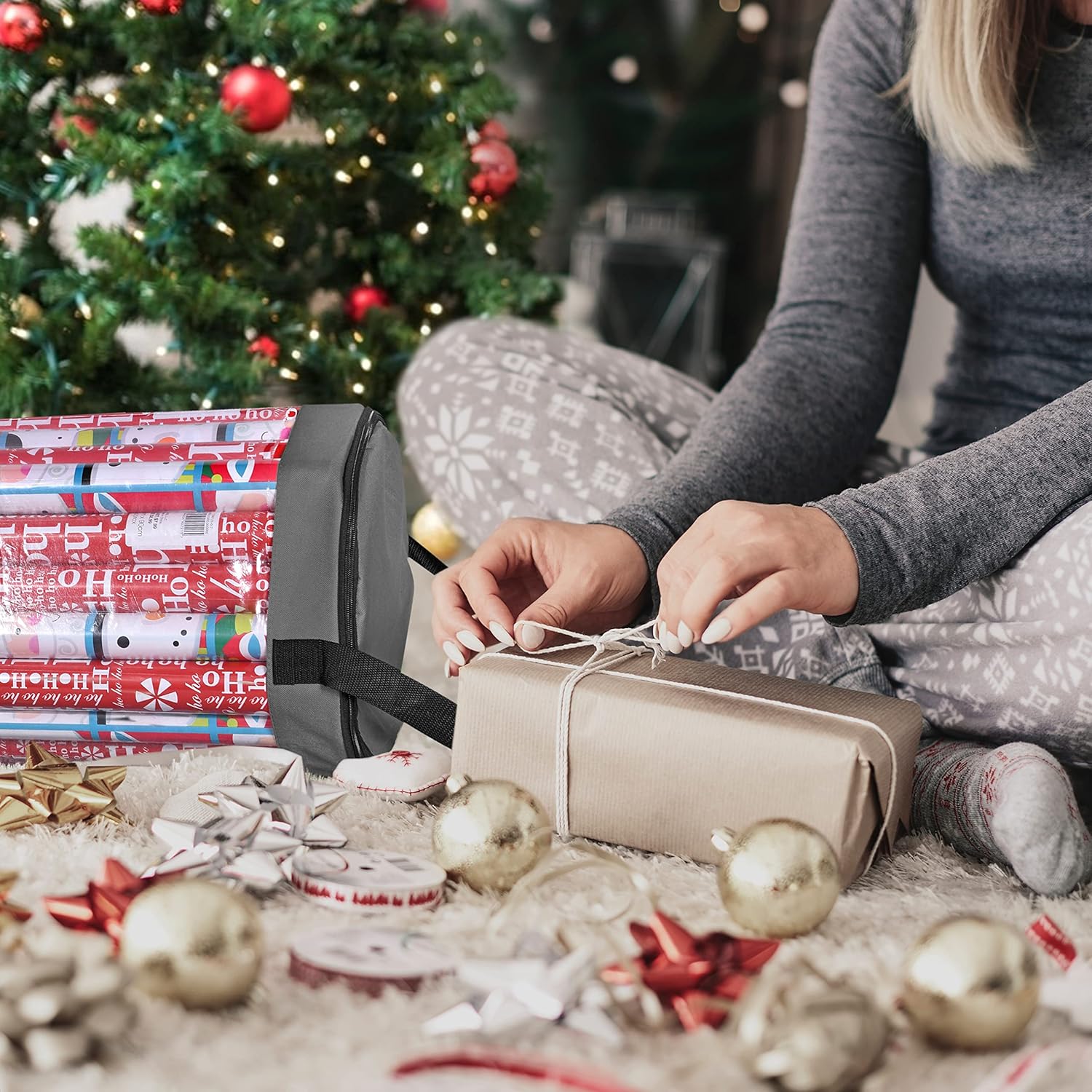 Wrapping Paper Storage Bag | Wrapping Paper Organizer Under Bed for Storing Multiple Rolls of Gift Wrap, 42” Length Container Constructed of Durable 600D Oxford Material (Gray)