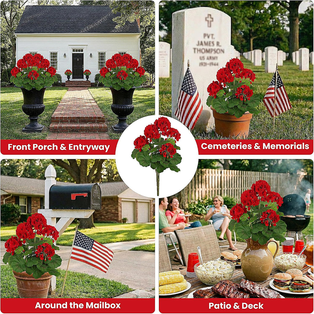 FOREST PRINCE 2 PCS 18" Artificial Geraniums for Outdoors, UV Resistant Red Silk Flowers for Window Box Porch Patio Garden Decor, Waterproof Ruby Red