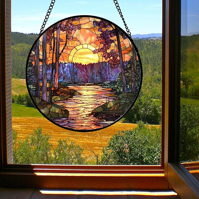 Stained Glass Window Hanging, Orange Landscape Green Purple Lake Forest Suncatcher for Doors Window Home Sun Catchers Decor Mother's Day Birthday Gifts for Women Men Mom 7.8 in