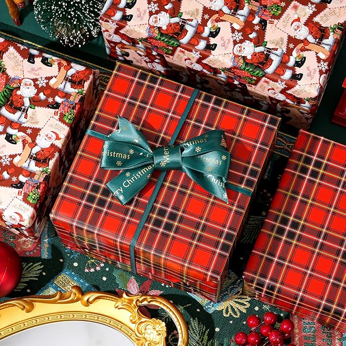 Ulmasinn Reversible Christmas Wrapping Paper Roll - 17" x33ft Double-Sided Designs with Santa and postcard & Plaid for Xmas Gift Wrap for Presents, Table Decor & Crafting