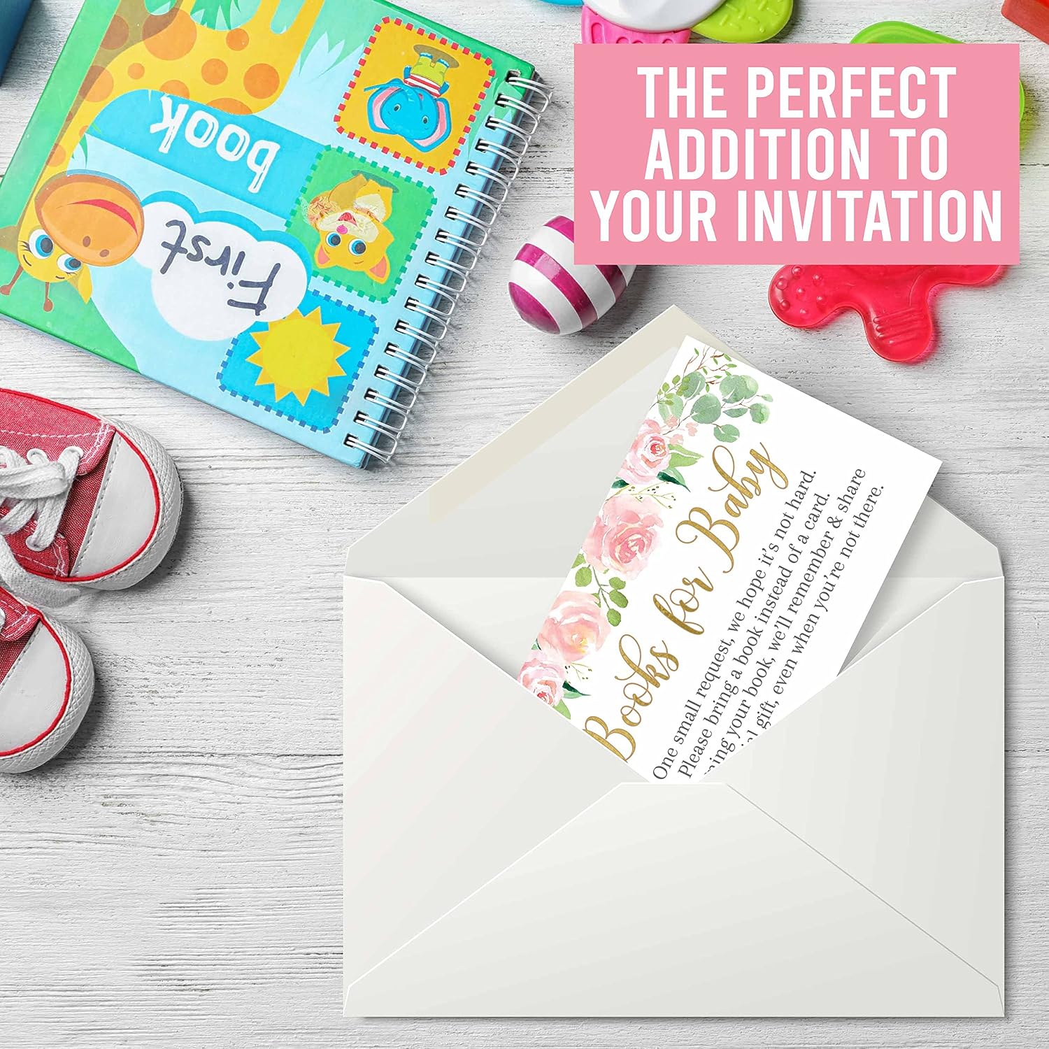 Hadley Designs - Floral Baby Shower Invitation, Books For Baby Shower Request Cards for Girls - 25 Cards