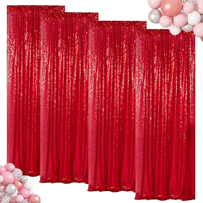 ShinyBeauty Sequin Backdrops 4 Pieces Red Sequin Curtains for Backdrop Panels Photograph Background Shimmer Christmas Backgrounds Birthday Party Decor (2Ftx8Ft)