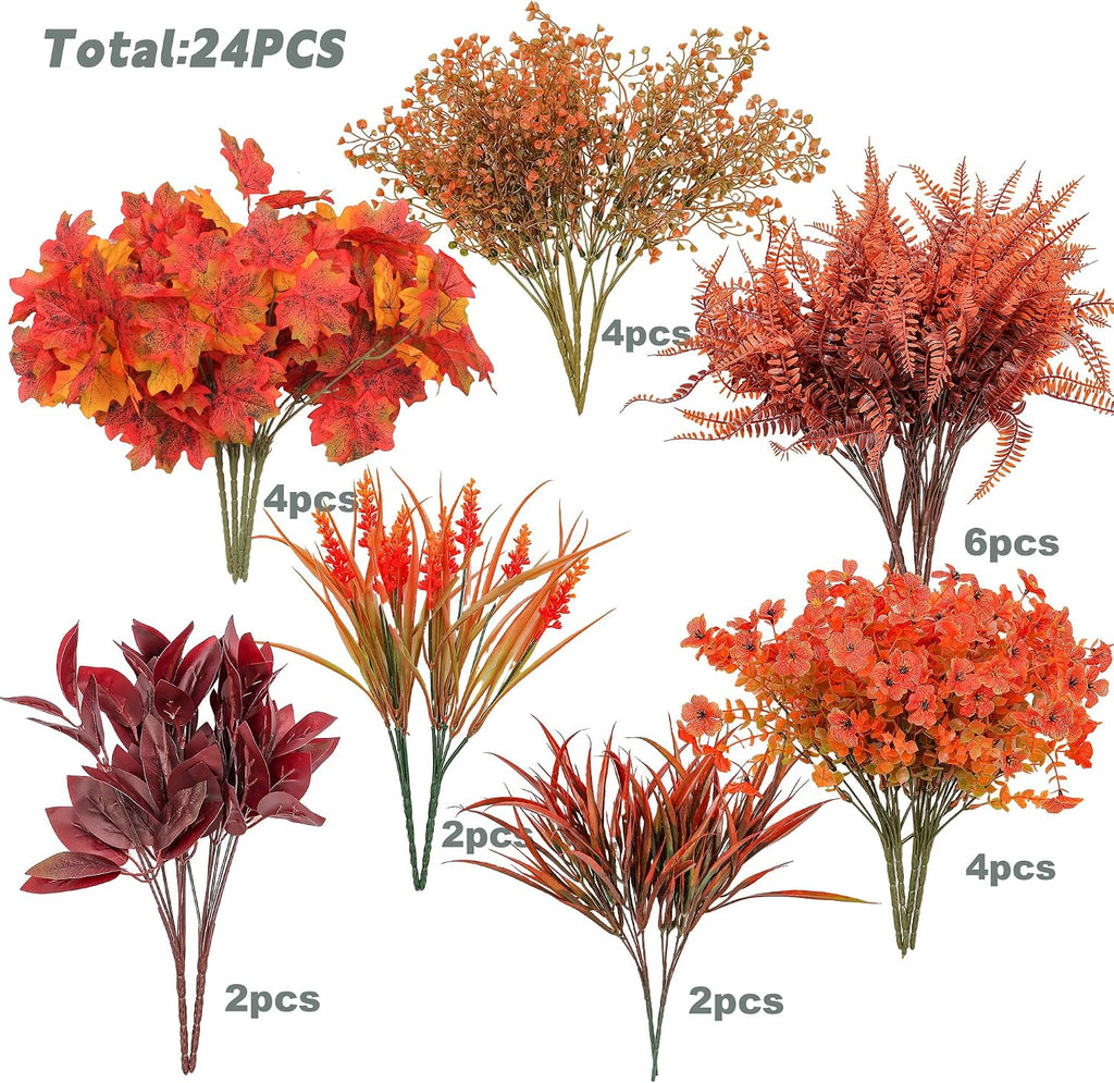 artificial fall flowers outdoors, faux maples & mums shown in use