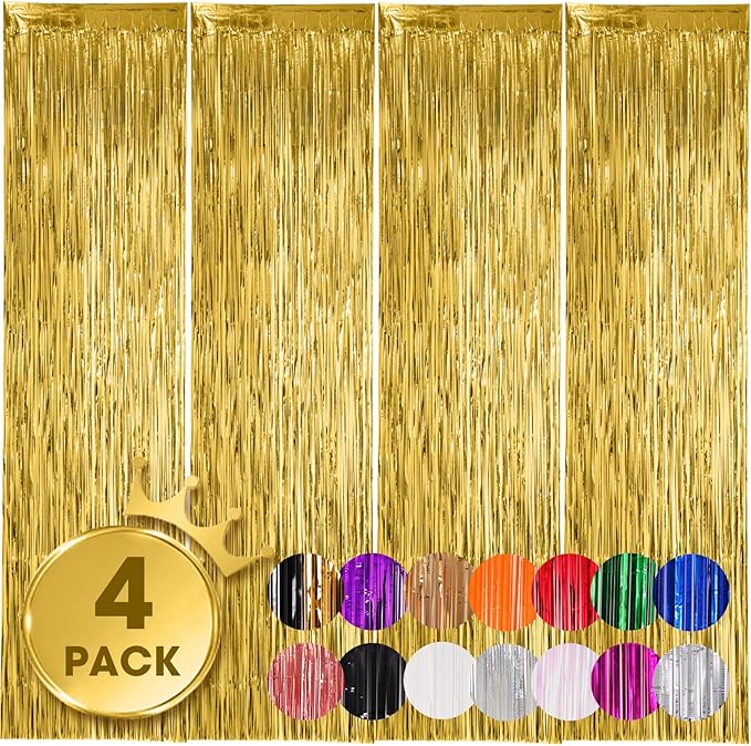 4 Pack Gold Foil Fringe Backdrop Curtains, Tinsel Streamers Birthday Party Decorations, Fringe Backdrop for Graduation, Baby Shower, Gender Reveal, Disco Party