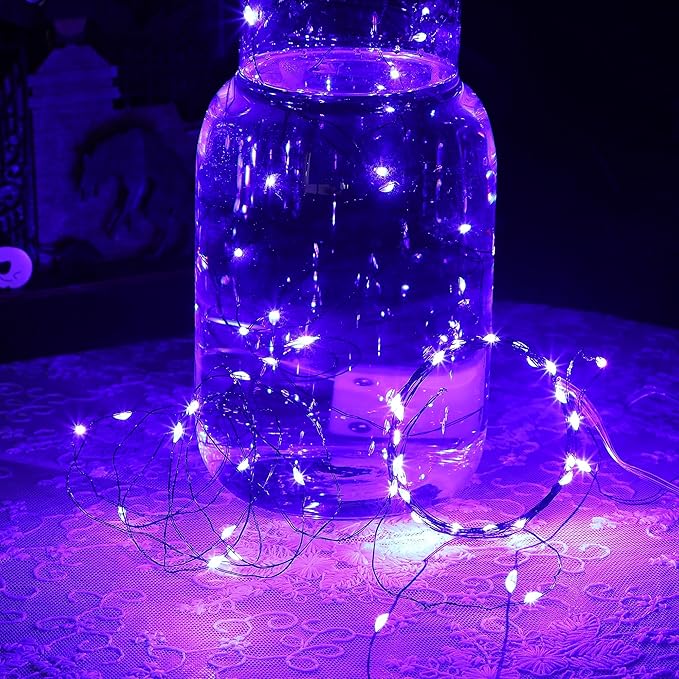 WATERGLIDE 12 Pack Halloween Fairy Lights Battery Operated (Included), 7 ft 20 LED Mini Firefly Starry String Lights, Waterproof Black Wire Light for DIY Mason Jar Table Halloween Decor, Purple