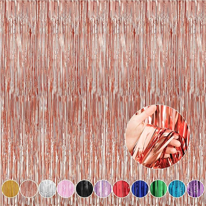 Crosize 4 Pack 3.3 x 9.9 ft Rose Gold Foil Fringe Backdrop Curtain, Streamer Backdrop Curtains, Streamers Birthday Party Decorations, Tinsel Curtain for Parties, Photo Booth Backdrops, Party Décor