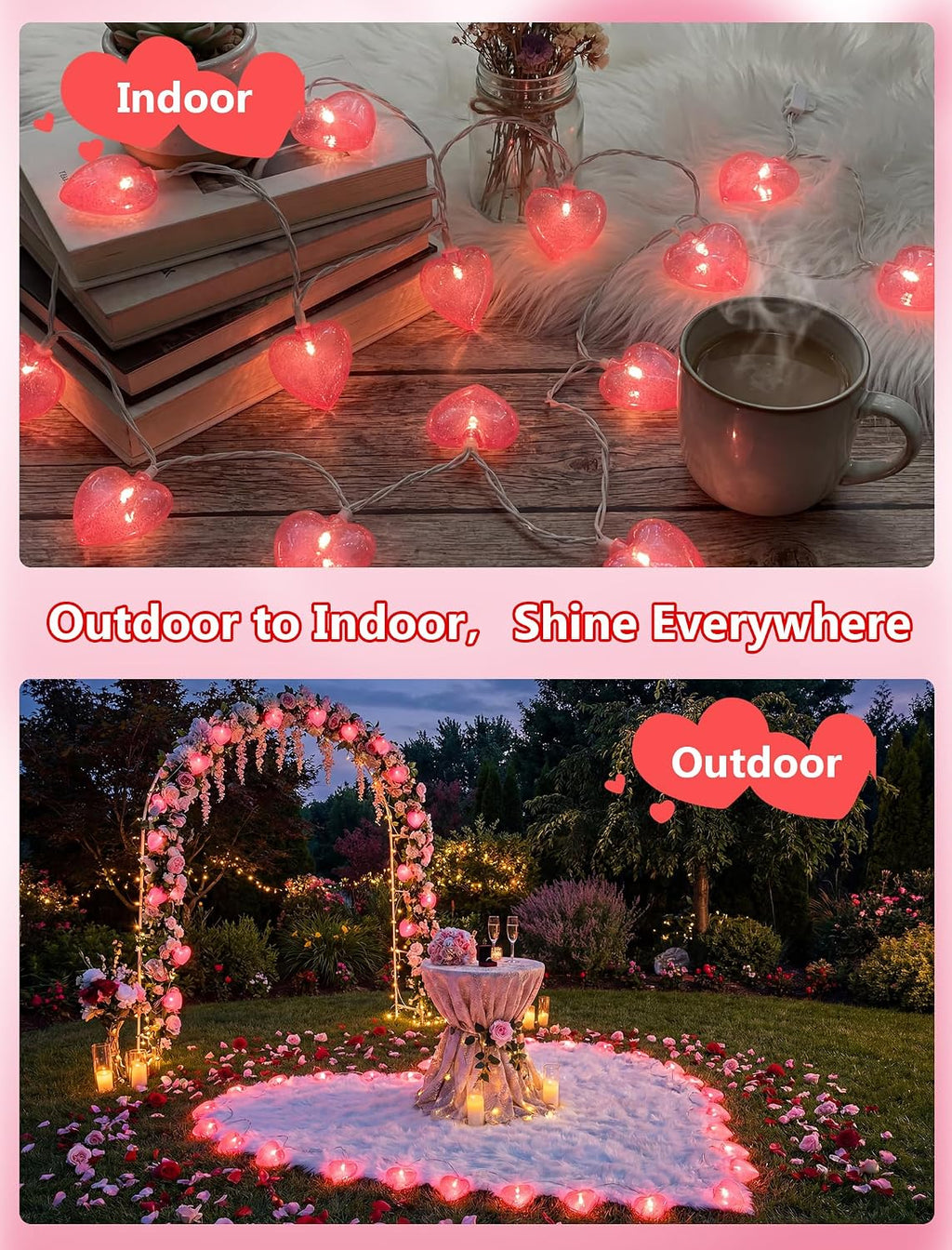Valentine’s Day Heart String Lights Plug in, 8.5FT Pink LED Heart Lights for Indoor Outdoor Decor, Connectable Valentine Pink Fairy String with Soft Romantic Glow
