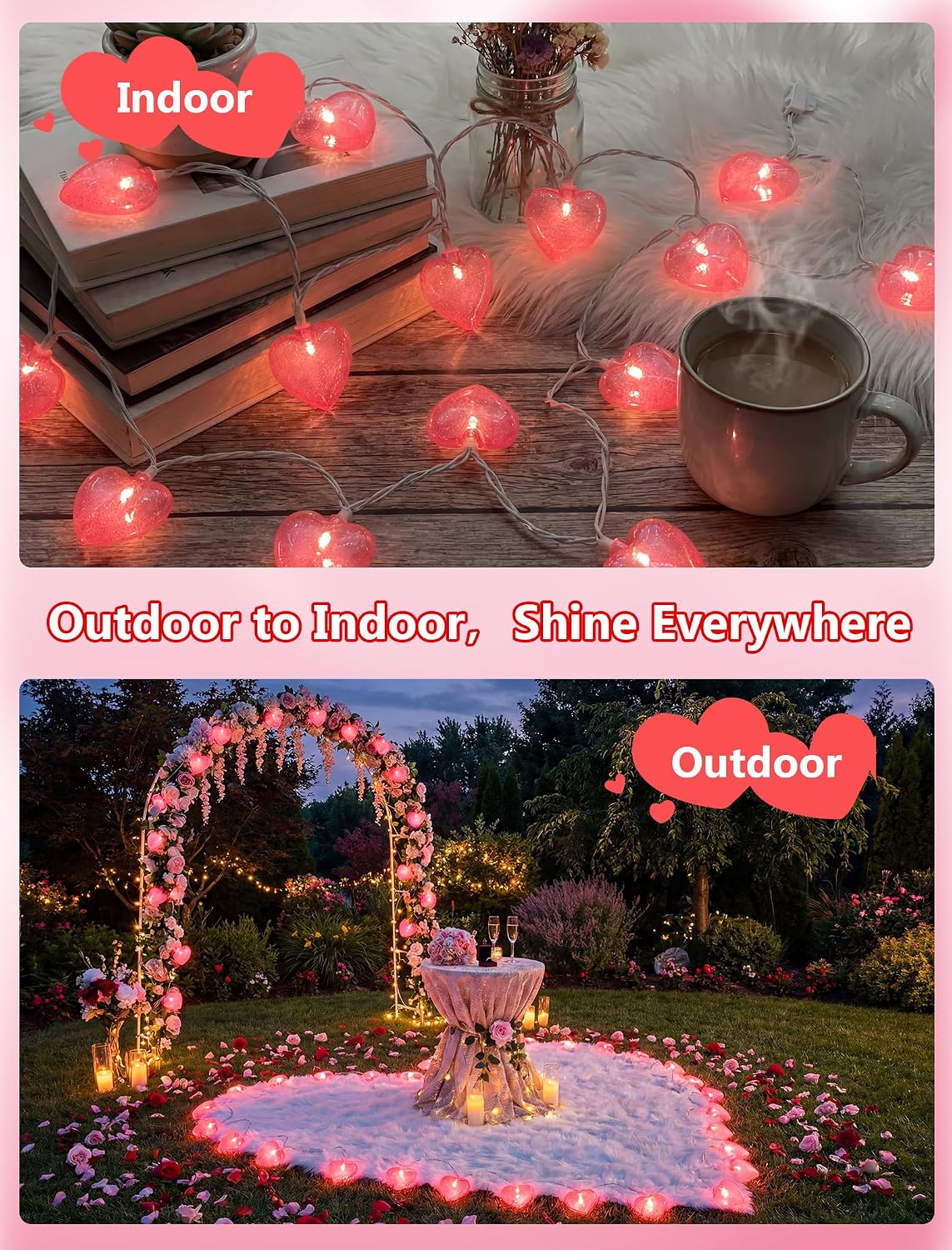 Valentine’s Day Heart String Lights Plug in, 8.5FT Pink LED Heart Lights for Indoor Outdoor Decor, Connectable Valentine Pink Fairy String with Soft Romantic Glow