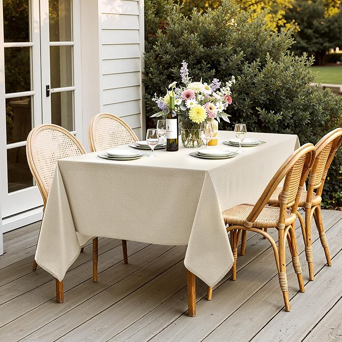 MIULEE Natural Linen Cottton Table Cloth Rectangle Tablecloth Waterproof Spillproof Cross-Star Textured Table Cltoth Decorative Farmhouse Style for Dining Party Weddings 60x84 Inch