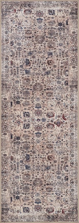 Bloom Rugs Washable Non-Slip 10 ft Runner - Light Tan/Blue Traditional Oriental Runner for Entryway, Hallway, Bathroom, and Kitchen - Exact Size: 2.5' x 10'