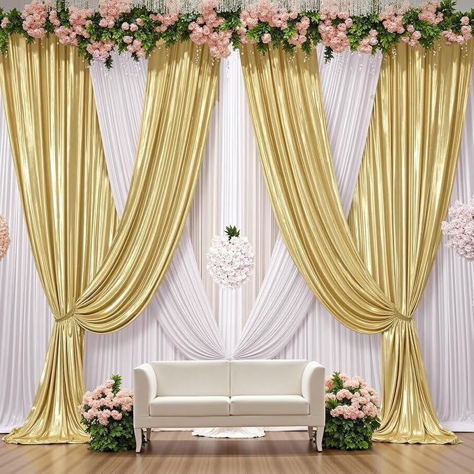 20ft x 10 ft Glitter Gold Backdrop Curtain for Parties, Wrinkle Free Non-See Through Not Fall-Off Sequin Gold Shimmer Photo Backdrop Drapes for Graduation Photography Background Cloth-4 Panels 5x10ft