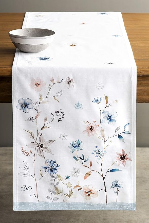 Maison d' Hermine Table Runner 100% Cotton Double Layer Table Runners 72 inches Long for Thanksgiving Christmas Decorations Home Kitchen Dining Party Wedding (Ice Florals, 14.5" x 72")