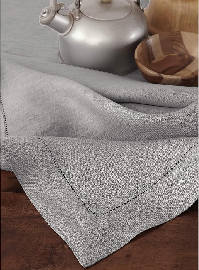 Solino Home Linen Tablecloth 60 x 108 Inch - Classic Hemstitch 100% Pure Linen Soft Grey Table Cloth for Rectangle Tables - Machine Washable Tablecloth for Fall, Autumn, Thanksgiving, Christmas