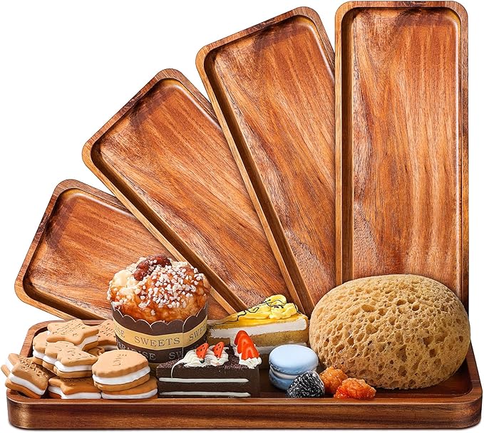 Roowest 5 Pack Solid Acacia Wood Serving Trays for Laser Engraving Rectangular Wooden Board for Food Appetizer Serving Tray Plates for Vegetables Fruit Cheese Housewarming Gifts(14 x 5.5 Inch)