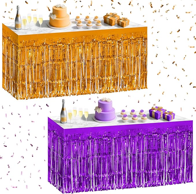 2 Pack Dark Purple Orange Table Skirts, 29x108" Metallic Foil Tinsel Fringe Table Skirt for Rectangle Tables Streamer Curtains Backdrop, Party Decorations for Birthdays, Weddings, Holidays