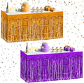 2 Pack Dark Purple Orange Table Skirts, 29x108" Metallic Foil Tinsel Fringe Table Skirt for Rectangle Tables Streamer Curtains Backdrop, Party Decorations for Birthdays, Weddings, Holidays