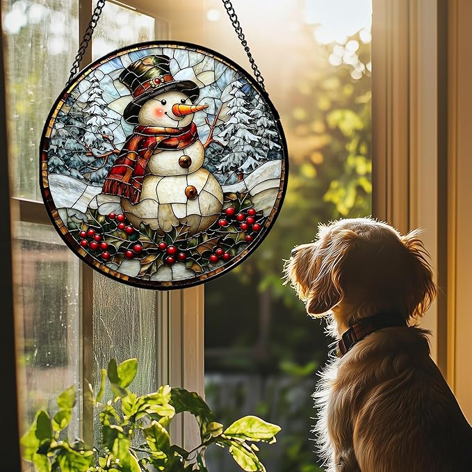 Stained Glass Window Hanging - Christmas Snowman Suncatcher for Door Terrace Garden Home Decor Winter Forest Snow Sun Catcher Birthday Gifts for Lovers Women Men Dad Mom Nana 15 in