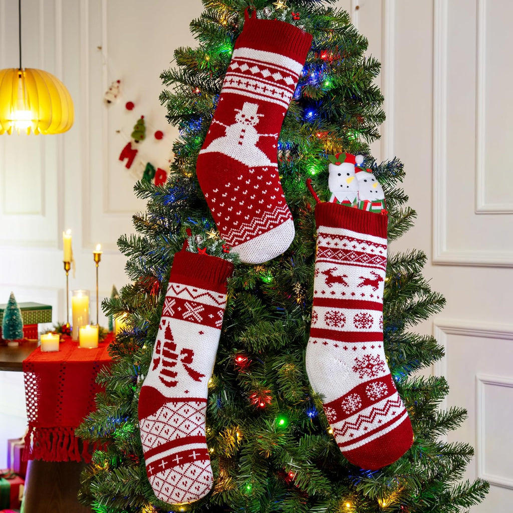 JOYIN 3 Pack 18" Knit Christmas Stockings, Burgundy/White Knitted Large Rustic Yarn Xmas Stockings, Snowflakes/Snowmen/Reindeers Character for Family Holiday Decorations, Wall, Staircase Decoration