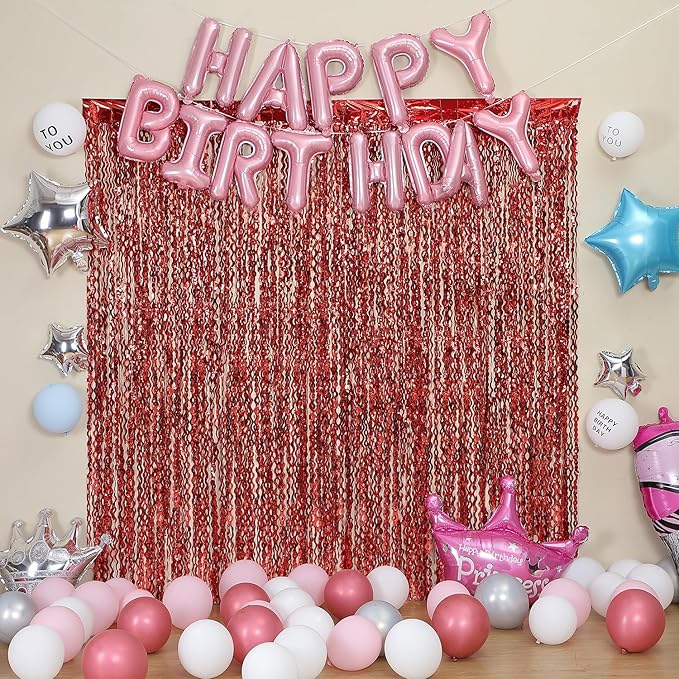 3 Pack Red Aluminium Foil Curtains, 3.3ft x 6.6ft, Wavy Shape, for Party Decorations & Photo Background